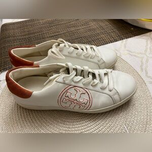 Tory Burch White Leather Sneakers with Rust Logo and Heel